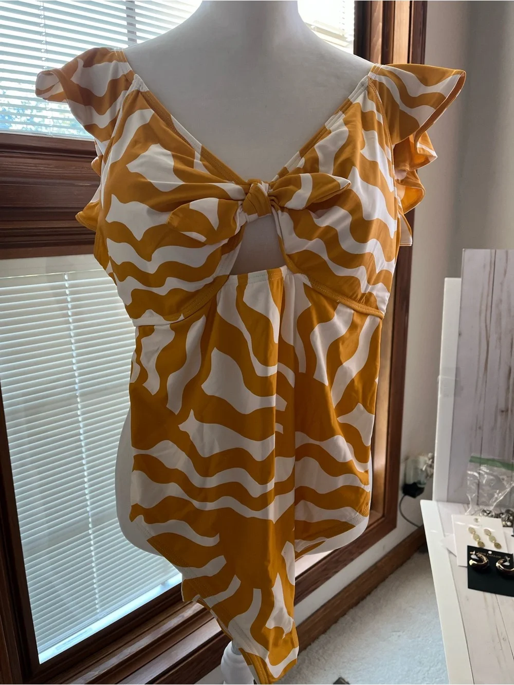 LOFT Yellow and Cream Wave-Print Tie-Front One Piece Swimsuit
